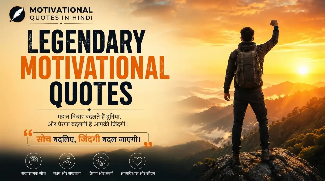Hindi motivational quote poster featuring a man standing on a mountain summit at sunrise with a fist raised