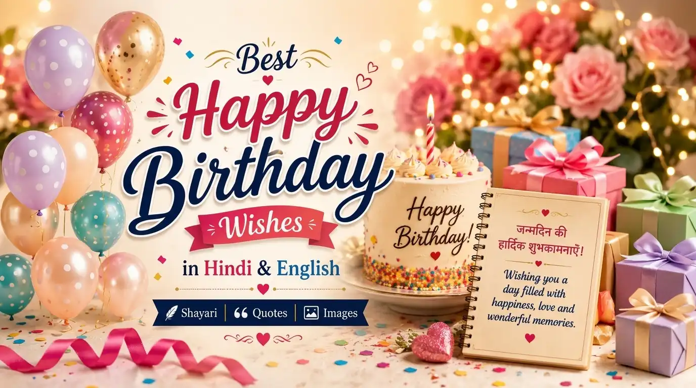 Best Happy Birthday Wishes in Hindi & English| Shayari, Quotes & Images 1 Happy birthday wishes in Hindi and English with cake, balloons, and gifts