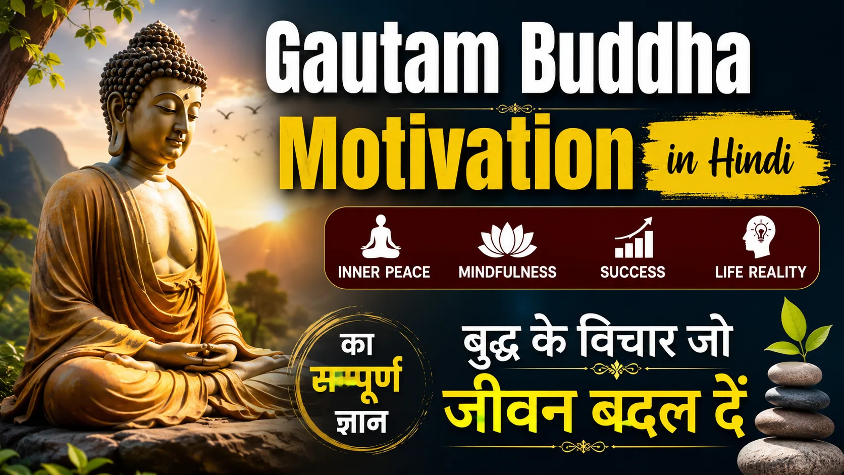Gautam Buddha meditation motivational thumbnail showing inner peace, mindfulness, success and life reality concepts in Hindi spiritual background