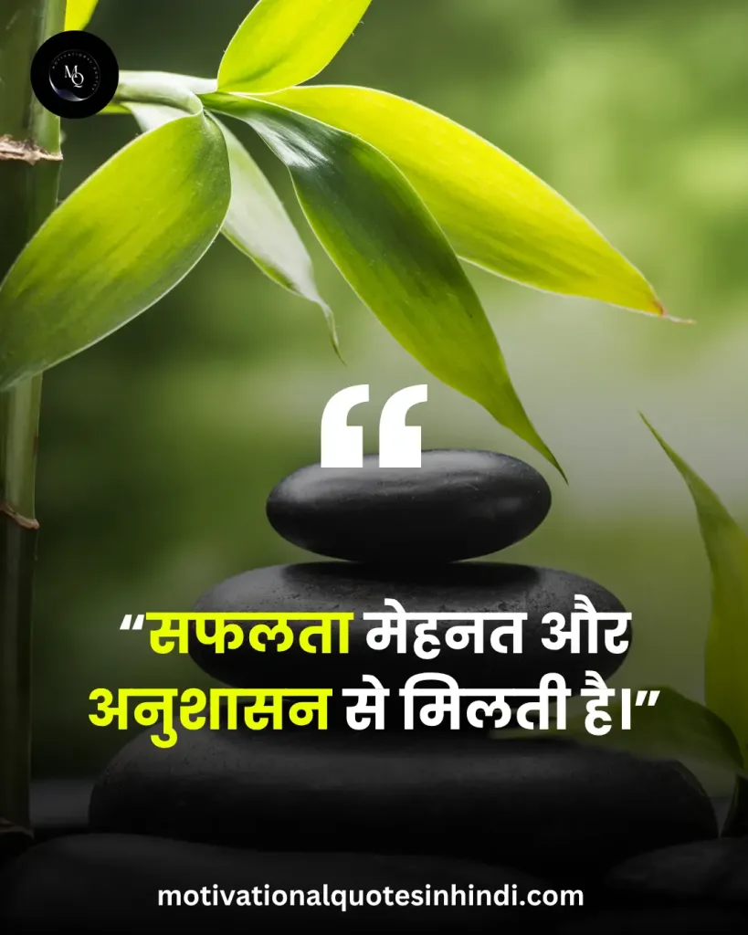 Gautam Buddha Motivation in Hindi: Inner Peace, Mindfulness, Success और Life Reality का सम्पूर्ण ज्ञान 8 A stack of smooth, balanced black stones beside a bamboo plant, with a Hindi quote about success requiring hard work and discipline.