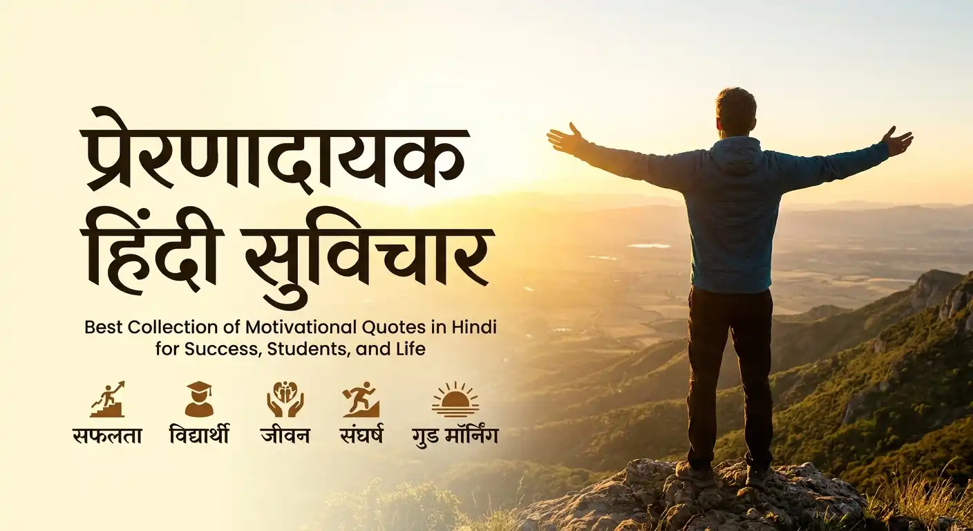 Man standing on mountain peak at sunrise with arms outstretched, featuring Hindi text for प्रेरणादायक हिंदी सुविचार and motivational categories.
