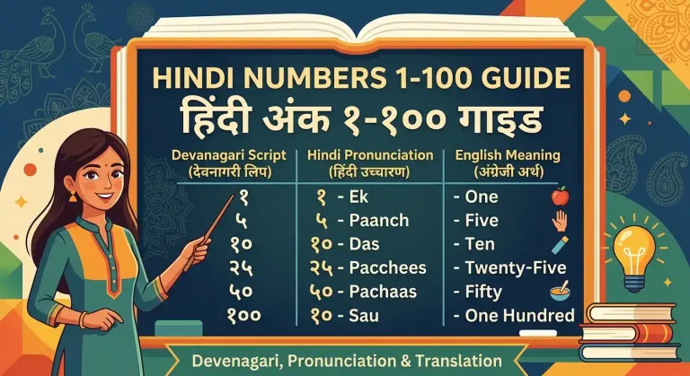 Master Hindi Numbers 1 to 100: Complete Guide with English Transliteration, Devanagari Script, and PDF Learning Tips 2 Hindi numbers-An educational vector illustration showing a female teacher next to a chalkboard. The board displays a comprehensive guide to Hindi numbers 1 to 100, featuring columns for Devanagari numerals, Hindi words in native script, English phonetic pronunciation, and English translation. Key numbers like 1, 5, 10, 25, 50, and 100 are detailed, surrounded by learning tools like books, a lightbulb, and traditional Indian designs.